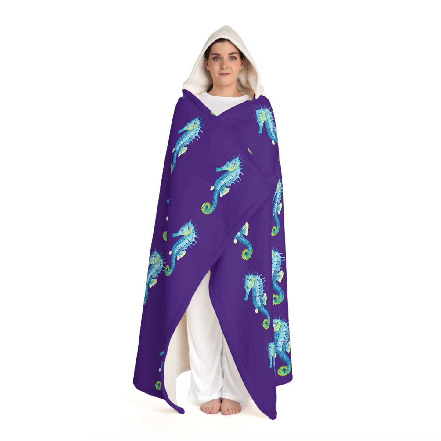 Sea Horses Hooded Sherpa Fleece Blanket