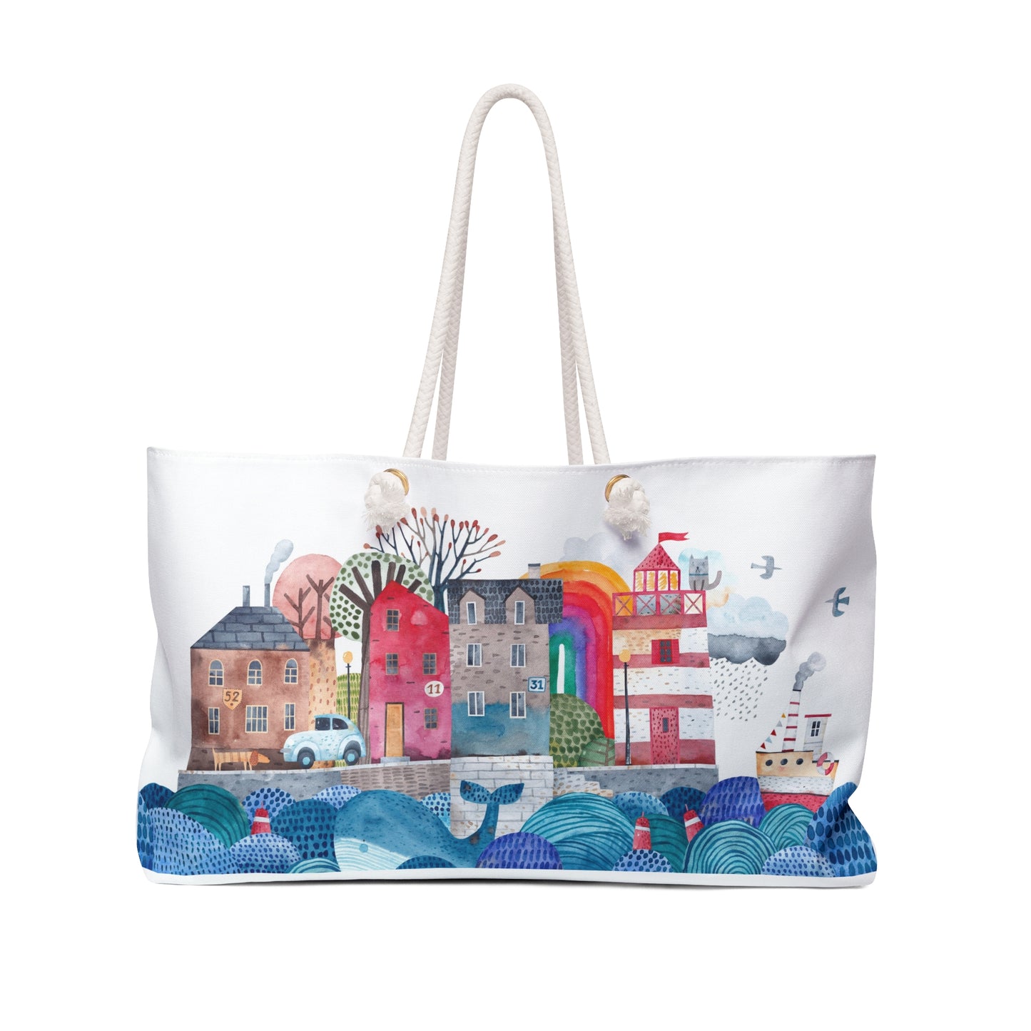 Whales Ocean Folk Art Beach Tote