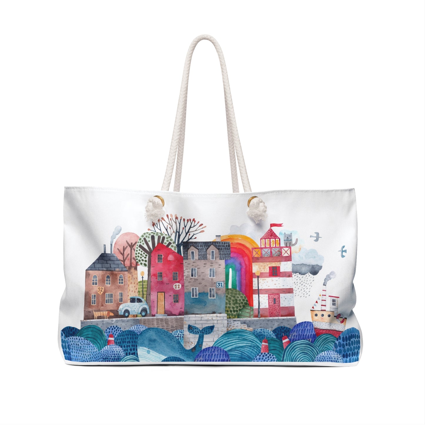 Whales Ocean Folk Art Beach Tote